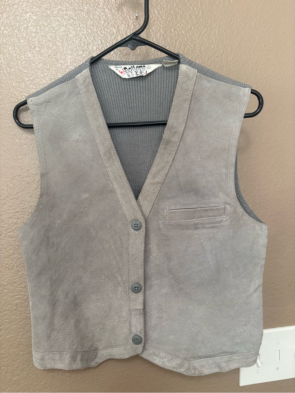 Vintage suede leather vest Hi-Rollers knit back VTG fall gray L